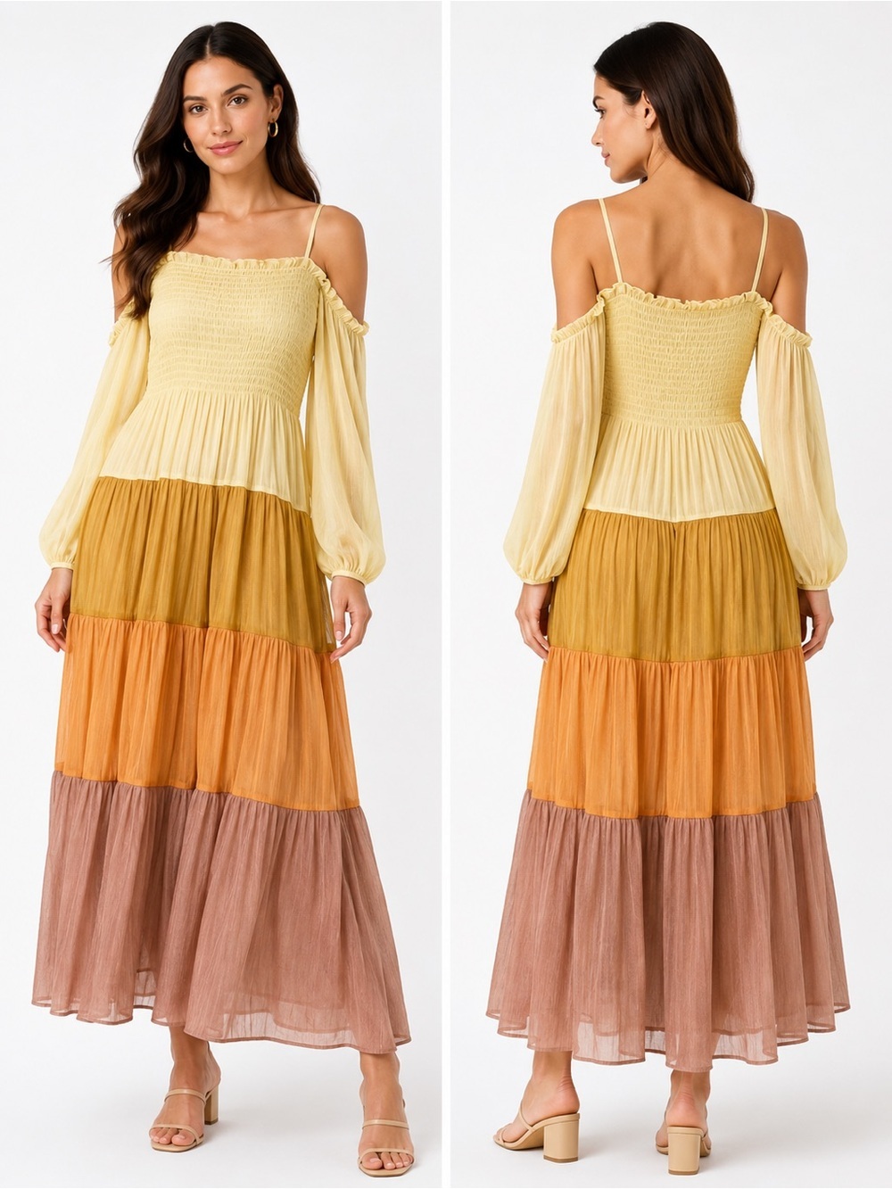 Sheer Metallic Ombre Beach Cover Up Maxi Dress L Tiered Long Sleeve See Through